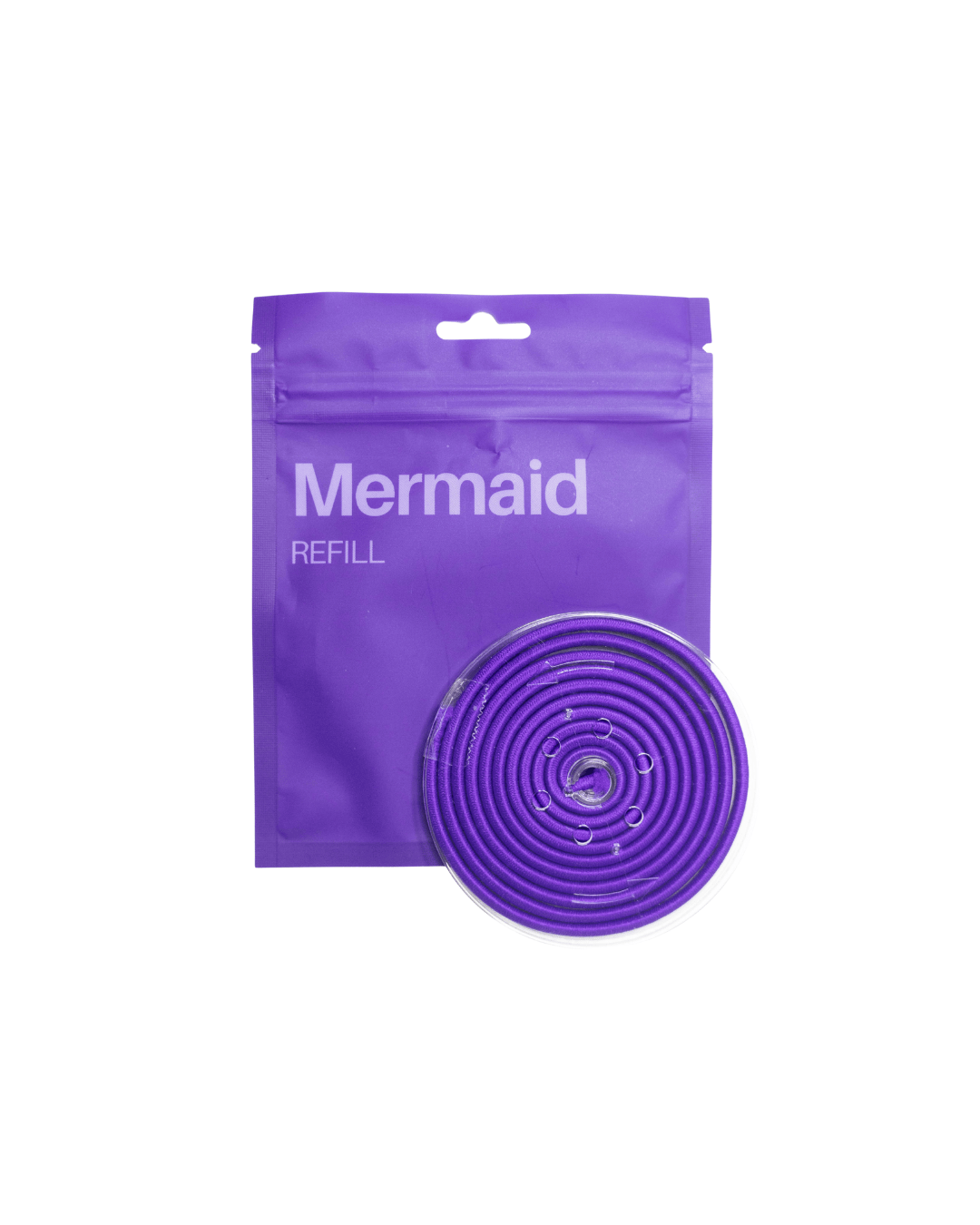 A purple refill pack labeled Mermaid is shown behind a matching purple spiral coil product on a white background.